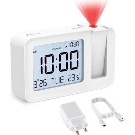 Reveil Projecteur Plafond, Réveil Numérique avec Température Intérieure, 4 Niveaux de luminosité de Projection Ajustables, Réglage 12/24H pour Chambre à Coucher, Bureau (1/4)