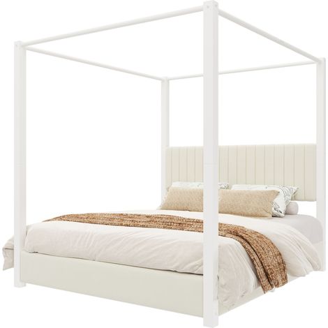 Letto Matrimoniale a Baldacchino 180 x 200 cm in Velluto, Testiera Imbottita e Telaio in Metallo, senza Materasso (1/5)