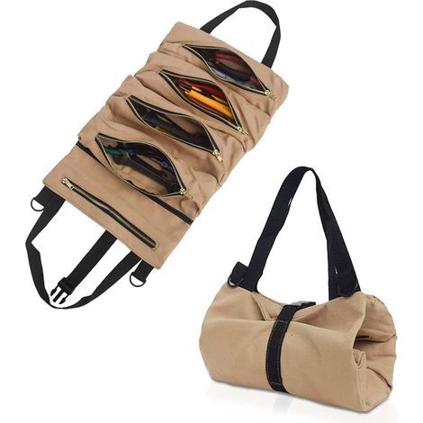 Bolsa de herramientas de lona, bolsa multifuncional con 5 bolsillos, kit de herramientas resistente al desgaste, adecuada para uso doméstico diario, carpintería y herramientas de electricista (caqui). (1/5)