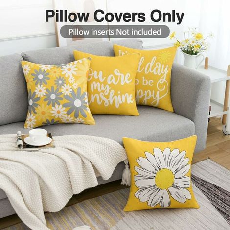 SHINING HOUSE Kissenbezug 45x45 Blumen Sommer Outdoor Kissen Sonnenblume Senfgelb und Grau Gänseblümchen Bezug Dekokissen Sofakissen Garten