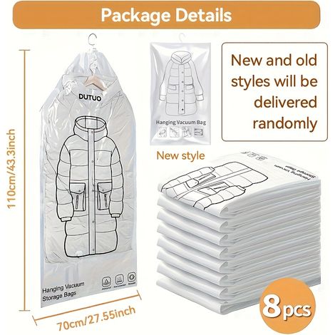Ensemble de 8 sacs de rangement sous vide pour suspendre vêtements, costumes, vestes, organiser les placards et voyager. Blanc transparent. Gain de place.-AquaForge (1/5)