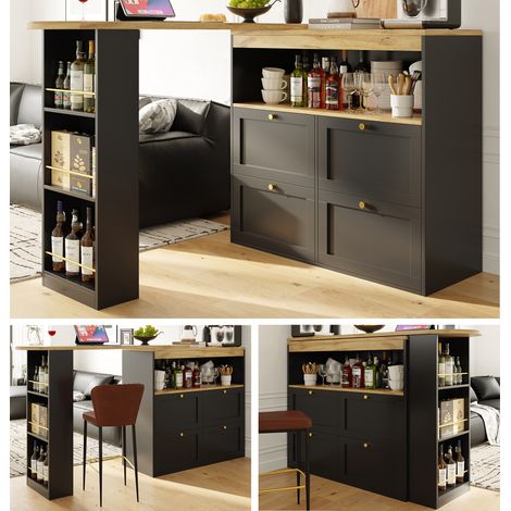 Table de bar pivotante à 360° (corps principal 105 x 39 x 102 cm), avec 4 tiroirs et étagères ouvertes, convient pour salle à manger/bureau/salon etc. (1/5)