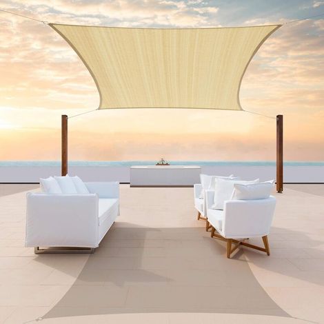 Toile d'ombrage rectangulaire beige - imperméable et anti-UV, adaptée aux abris de voiture et terrasses extérieures - 2m x 8m, avec bords perforés. (1/4)
