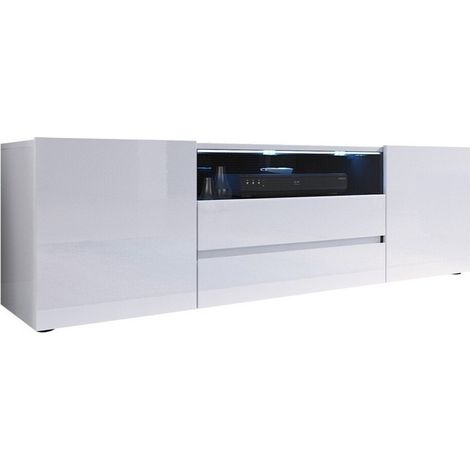 Mueble TV Ager, Blanco + Blanco brillante, Número de puertas: 4, Número de cajones: 0, 137x43x33cm, LED
