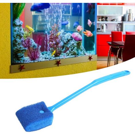 Éponge de nettoyage pour aquarium, double face, avec long manche et trou de suspension, antidérapante, pour aquariums en verre, bleu (1/5)