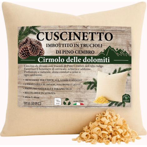 Coussin en pin suisse Dolomiti - Parfum naturel relaxant - Coton brut - Pour canapé, lit, voyage - Fabriqué en Italie Cm. 40x40