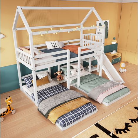 Letto a castello Letto a castello per bambini 90 x 200 cm con scivolo, ripiano, scaletta a 3 gradini, 3 posizioni letto, tetto, bianco (1/5)