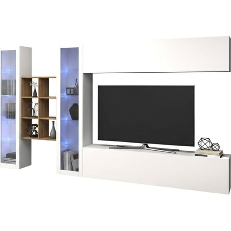 Dmora - Pared Equipada Dcaprin, Conjunto de salón Mueble TV con 4 puertas, Mueble de salón polivalente, 100% Made in Italy, cm 280x30h180, Blanco brillo y Arce