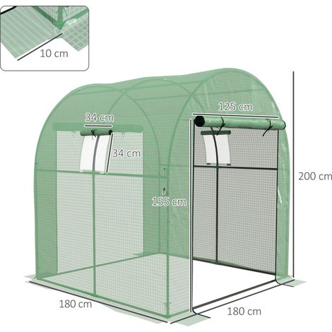 Serre tunnel de 1,8 x 1,8 x 2 m en acier et polyéthylène résistant aux UV (pour la culture de légumes, avec volets roulants et fenêtres), verte (1/5)