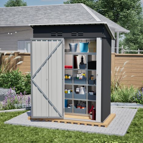 Abri de jardin compact 152,2 x 83,6 x 182 cm, toit plat, porte métallique verrouillable, acier noir sans fenêtre (1/5)