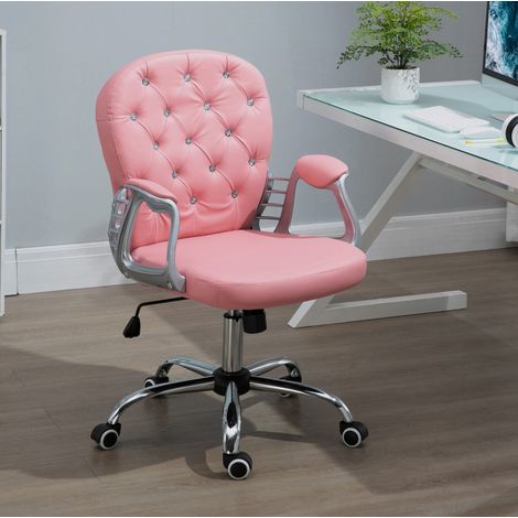 Chaise de bureau ergonomique rose en cuir régénéré, dossier rembourré, hauteur réglable, style chic avec boutons décoratifs, confort longue durée CHICFURN (1/5)
