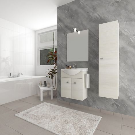Mueble de baño suspendido de 55 cm en madera de roble blanco con lavabo cerámico y espejo con lámpara LED - Polis (1/3)
