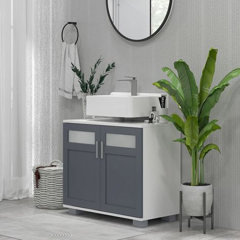 Unterschrank fürs Waschbecken mit 2 Türen aus Sicherheitsglas, 69 x 35 x 59 cm, Weiß und Grau