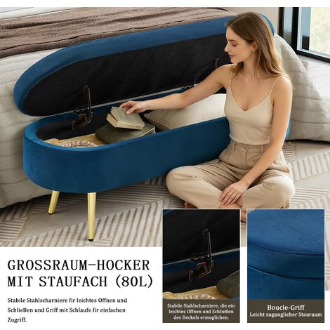 Banc rangement 110x40x42cm velours confortable,pieds métalliques,20L. Banquette pratique pour l’aménagement intérieur bleu.