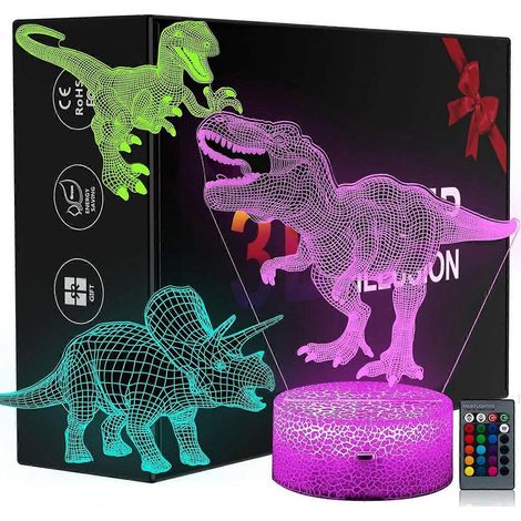 Veilleuse dinosaure 3D pour garçons - 3 motifs et 16 couleurs tactiles avec télécommande, veilleuse dinosaure pour chambre de garçon, illusion 3D dinosaure (1/5)