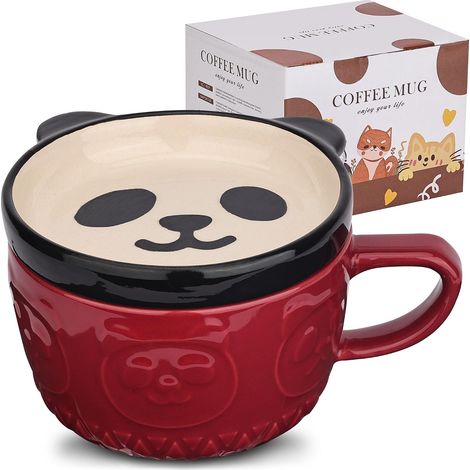 tasse à café panda en céramique avec couvercle,Tasse à café ou à thé kawaii pour les amoureux des panda,Drôle de panda petit déjeuner tasse pour femme, ami, enfant, Noël, cadeau d'anniversaire, 300ML (1/5)