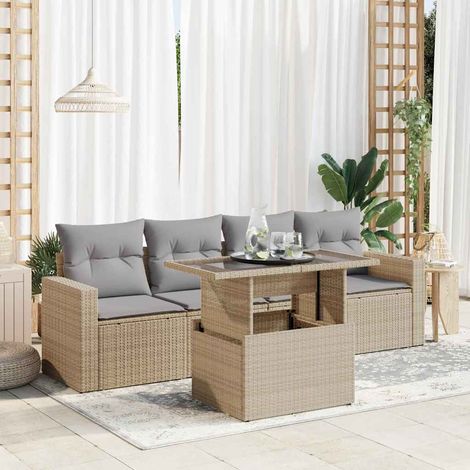 5-tlg. Garten-Sofagarnitur mit Kissen Beige Poly Rattan (1/5)