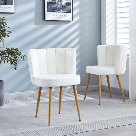 Lot de chaises 2 chaises blanc pieds tube métal couleur bois coussins à poil court dossier confortable structure simple (1/5)