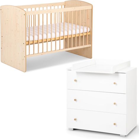 Monmobilierdesign – Ensemble lit bébé 120x60 et commode à langer 3 tiroirs – Fabriqué en pin – Peinture à l'eau sans solvant – Conforme aux normes de sécurité