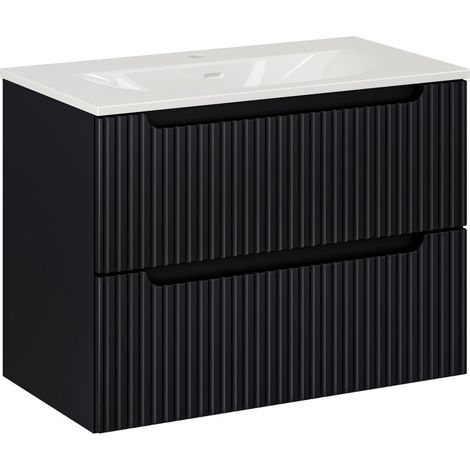 Meuble suspendu 2 tiroirs avec vasque encastrée NOVA 80 cm-Noir-Largeur 80 cm (1/5)