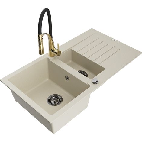 Mexen Matias lavello in granito 1,5 vasca con scolapiatti e rubinetto da cucina Aster, beige - 6502-69-73450-57-B (1/5)