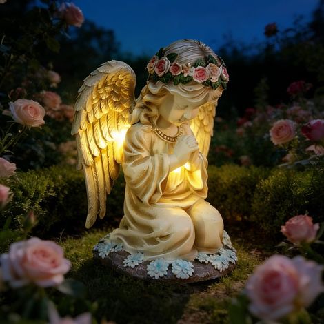 Statua del Giardino degli Angeli, statua di angelo con ghirlanda a energia solare, scultura di angelo custode con lampada LED solare, statuetta di angelo in preghiera come regalo per l'inaugurazione d