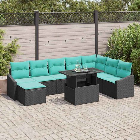 Salon de Jardin Modulable en Résine Tressée Ensemble Canapés avec Coussins Noir et Bleu 9 Pcs - PANGIVO (1/5)