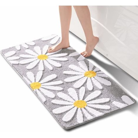 Tappetino doccia singolo 80x50 cm - Tappetino da bagno ad asciugatura rapida con motivo floreale - Tappetino antiscivolo per doccia e bagno - Grigio chiaro con margherite gialle