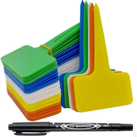 100 pièces Etiquette Jardin Exterieur Marqueurs en Plastique de Plantes Type T Plastique Etiquette Potager avec Stylo étanche Etiquetage Réutilisable et Accessoires pour Plantes(Multicolore) (1/5)