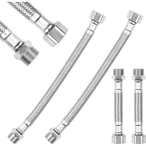 4 Pièces Tuyaux Flexible, 3/8 Tuyau Blindé En Tressé Acier Inoxydable, Raccord et Filetage Mâle Rallonge, Tuyaux de Raccordement, Flexible de Robinetterie pour Robinet Salle De Bain WC (20 cm/10 cm) (1/5)
