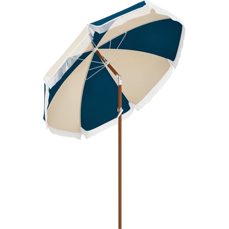 Ombrellone rotondo basculante Ø 225 cm con frange anti-UV in poliestere ad alta densità, asta removibile, blu vintage e beige