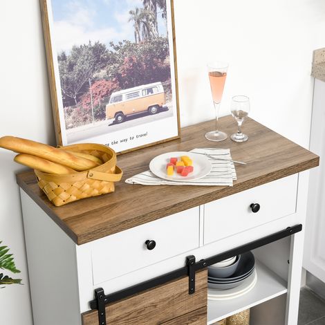 Buffet Rustique en Bois et Métal, 80x39x86 cm, 2 Tiroirs, Étagères et Porte-Bouteilles (1/5)