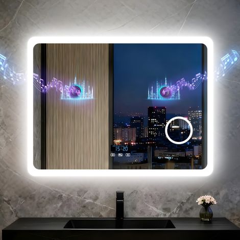 LUVODI Miroir Lumineux de Salle de Bain avec Loupe - Miroir Mural Intelligent Anti-buée Interrupteur Tactile LED Dimmable - 80 × 60cm