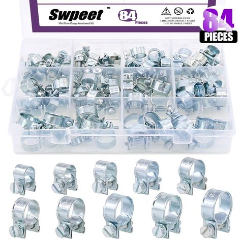 Lot de 84 colliers de serrage plaqués zinc 10 tailles pour tuyau d'injection de carburant, pour l'automobile, l'agriculture, les plantes et la construction (1/5)