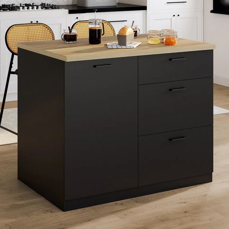 Isla central TIBO 110 cm con 3 cajones de madera negra y encimera efecto haya