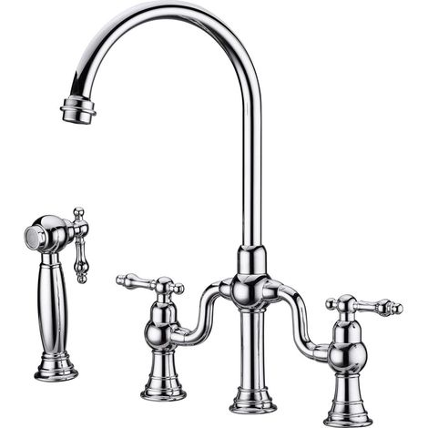 Robinet de Cuisine, RKF0398 Rétro Cuisine Robinet avec Pulvérisateur Latéral, 4 Trous 2 Poignées Mitigeur Cuisine, 59A Laiton, pour Eau Froide et Chaude (1/5)