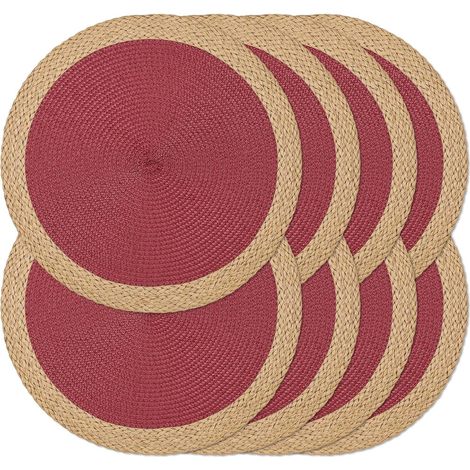 Lot de 8 sets de table ronds tressés de 38,1 cm, antidérapants et lavables à bords larges pour décoration de table de cuisine et salle à manger (rouge baie, 8)'Bord Large Marron, Rouge Baie 8 pcs'Bord (1/5)
