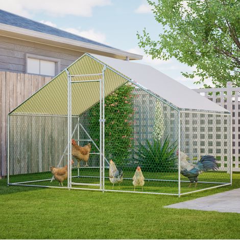 Gabbia per polli in metallo 303 x 200 x 200 cm con tetto, porta con chiusura e scala, bianco HAVRYA (1/5)