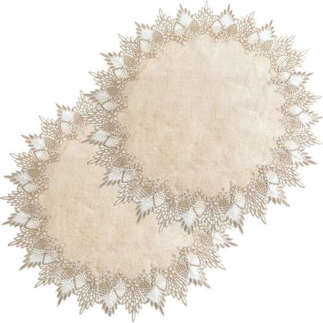 Lot de 2 napperons Ronds en Lin avec Bordure en Dentelle pour Salle à Manger, Cuisine (60 x 60 cm) - Beige (1/4)
