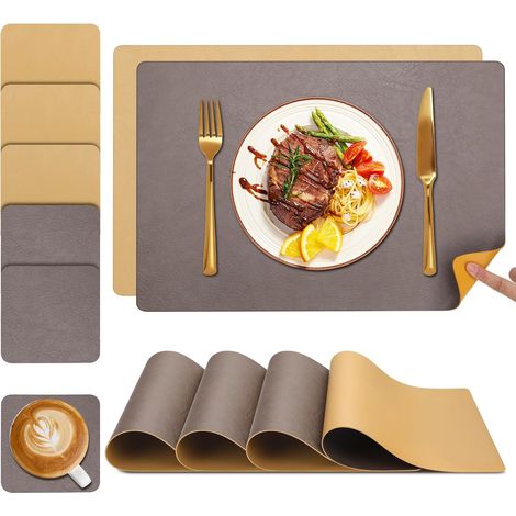 Set de Table et Dessous de Verre, Sets de Table Lot de 6 Lavable Double Face Bicolore en Cuir, Set Table Antidérapants Faciles à Nettoyer (Marron Chocolat/Gingembre, Lot de 6) (1/5)