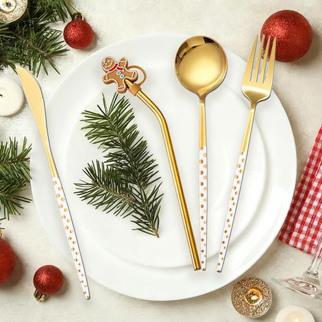 Lot de 4 Cuillère à Café, Cuillères de Noël, Couverts de Noël en Acier Inoxydable, Set de Couverts, Cuillère à Soupe, Couteau de Table, Fourchettes à Gâteau, Vaisselle de (1/5)