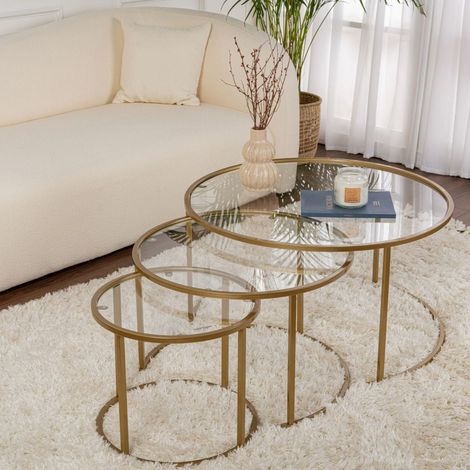Moderne Runde Couchtisch 3er-Set Uru Gold - Transparentes Glas -