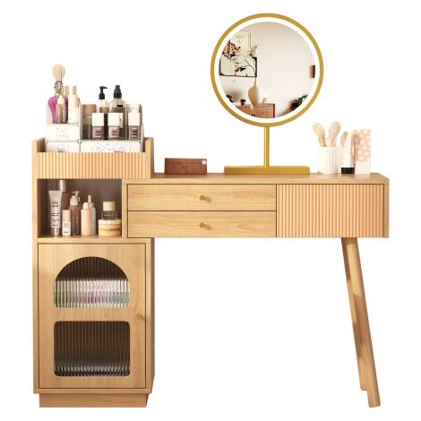 Set de table de beauté, table de beauté avec miroir LED et éclairage 3 couleurs, table de beauté en bois pour studio à coucher - Dimensions: B120/H90/T40 cm