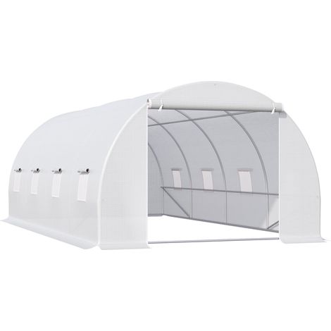 Gewächshaus 595x300x200cm Foliengewächshaus Tomatenhaus mit Tür, Fenster, Folientunnel aus verzinktem Stahl, Pflanztunnel, Treibhaus inkl. Erdanker Seilen, Gartentunnel, Weiß