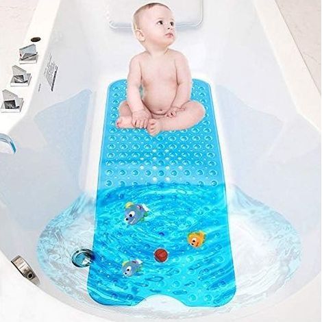 Tapis de Baignoire,Tapis de Baignoire Antidérapant, Extra Long Tapis de Bain Lavable en Machine, Tapis de Douche Anti-moisissures avec 200 Ventouse, (100 x 40 cm) (Bleu) (1/5)