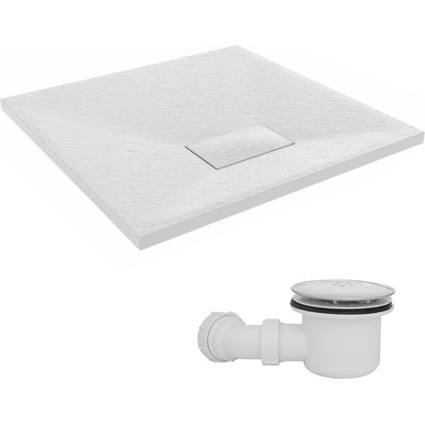 NRG 700 x 700mm SMC White Square Slate Effect Bathroom Shower Tray & Fluidmaster Fast Flow Waste Trap