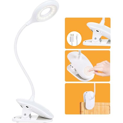 Lampe de Bureau LED, Lampe de Lecture 1200mAh Rechargeable 16 LEDs 3 Luminosité Lampe Pince pour Lit 360° Flexible Lampe de Chevet Tactile (1/5)