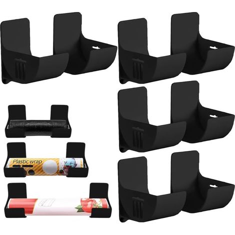4 Paires Film Alimentaire Support Rangement Porte,Adhésif Étagère Murale Avec Pour Armoire Salle De Bains Réfrigérateur Boîte D'Organisation Mur Rouleaux Cuisine,Noir (1/5)