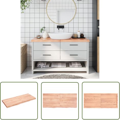 The Living Store Waschtischplatte Hellbraun 140x60x(2-6) cm Massivholz Behandelt - Eichenholz Platte - Badezimmersanierung - Waschtischplatte - Handarbeit - Naturkante (1/5)