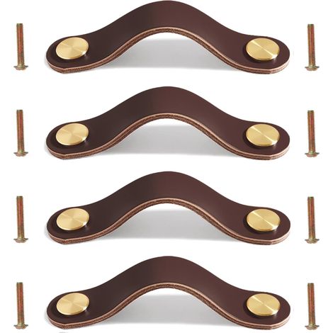 Poignées en Cuir 4 Pièces pour Placard, Tiroir, Boutons de Porte, Meuble - Délicat avec Vis pour Armoires de Cuisine - 16.8cm Marron Foncé (1/5)